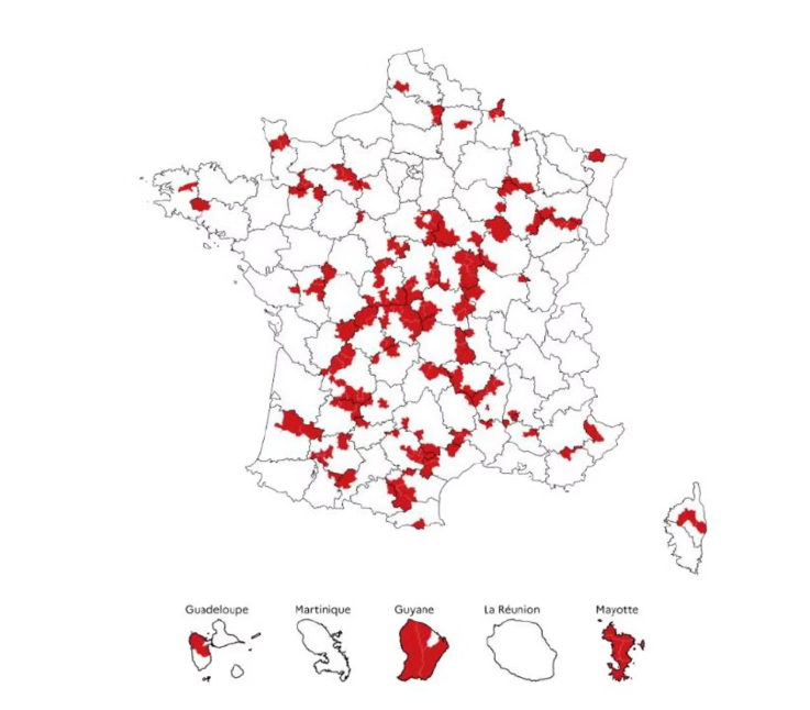 la carte des 151 zones rouges