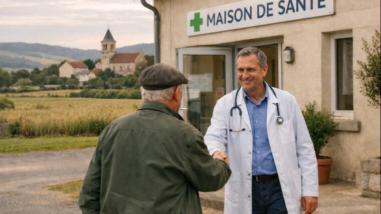 Médecin solidaire en consultation dans un village rural français pour lutter contre les déserts médicaux.