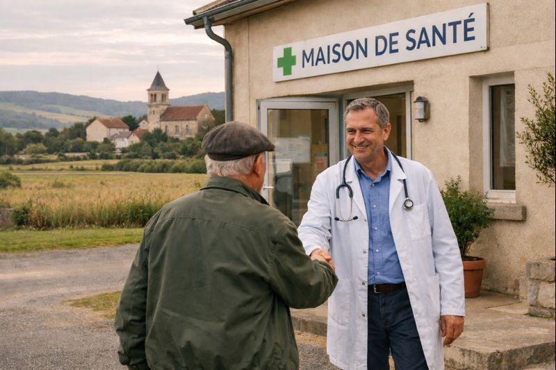 Médecin solidaire en consultation dans un village rural français pour lutter contre les déserts médicaux.