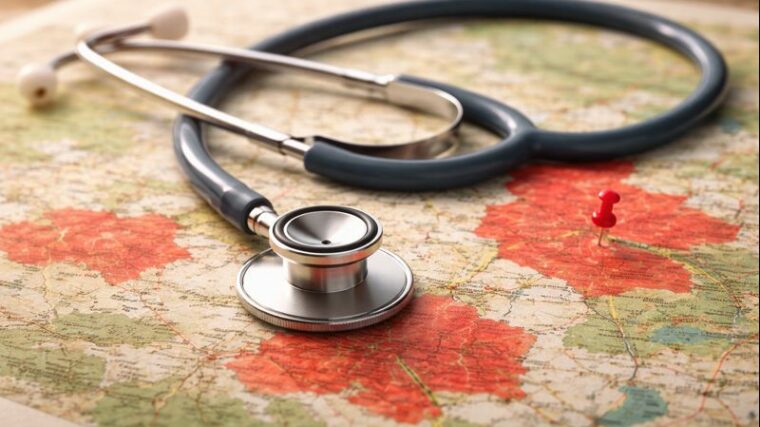 Carte de France des déserts médicaux avec 151 zones rouges ciblées pour une mission de solidarité médicale.